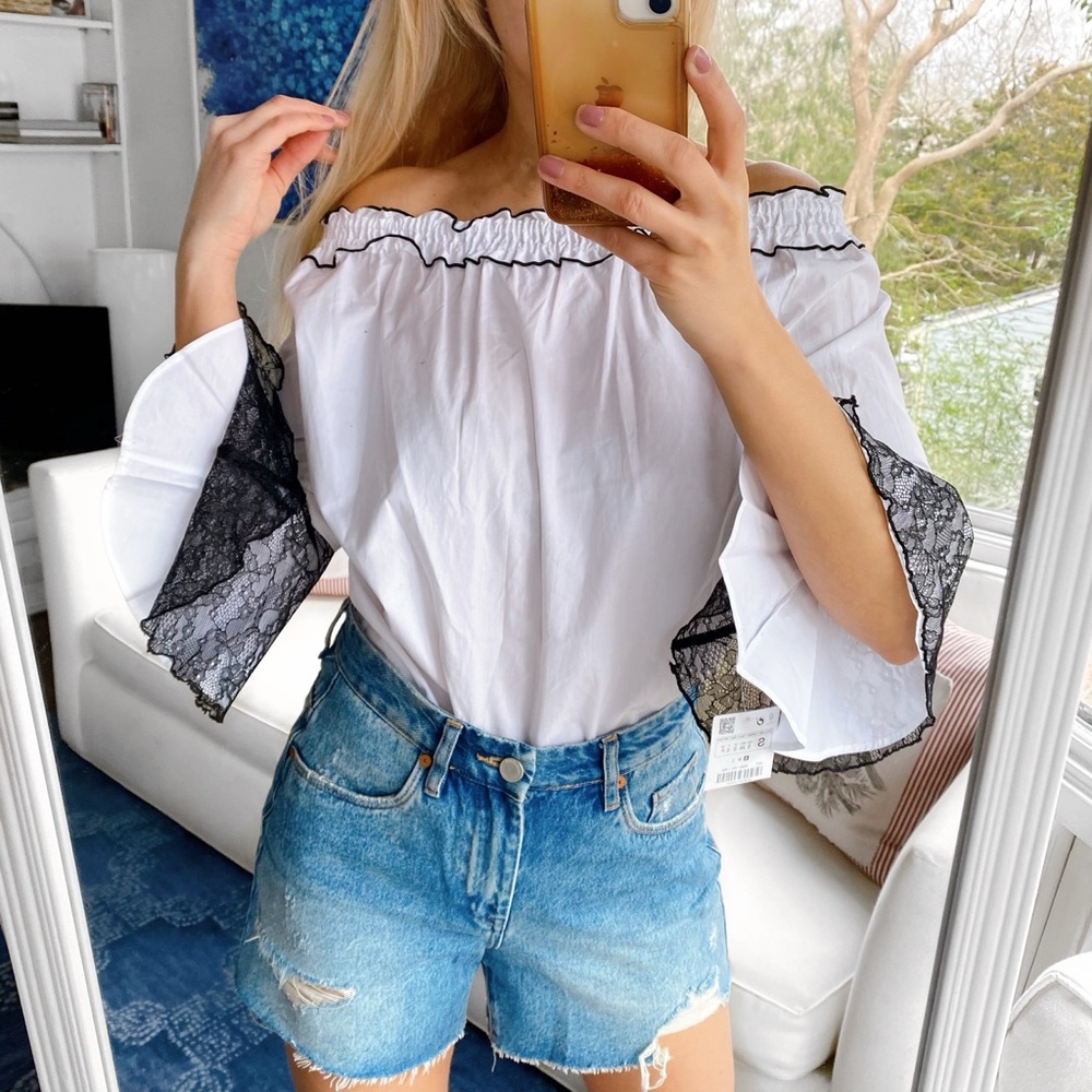 🔲 ZARA BOHO WHITE BLACK LACE BELL SLEEVE LOOSE FIT OPEN SHOULDER RUFFLE TOP!